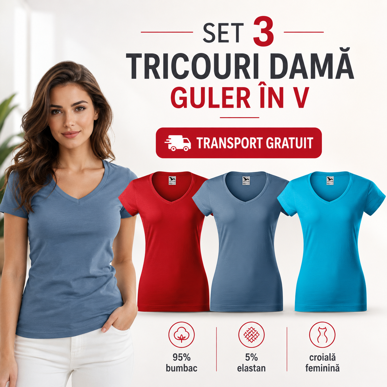 Set 3 tricouri damă Malfini 162 Fit V-Neck roșu albastru denim turcoaz cu guler &icirc;n V